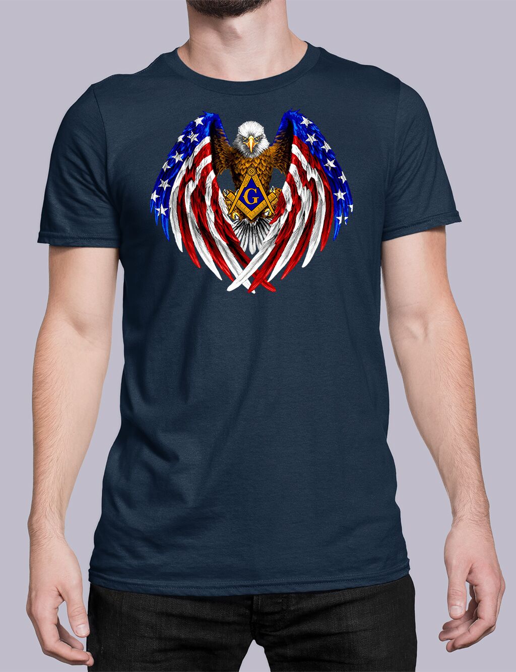 Patriotic Flag Eagle Wings Holding Square & Compass Masonic T-shirt - Image 5