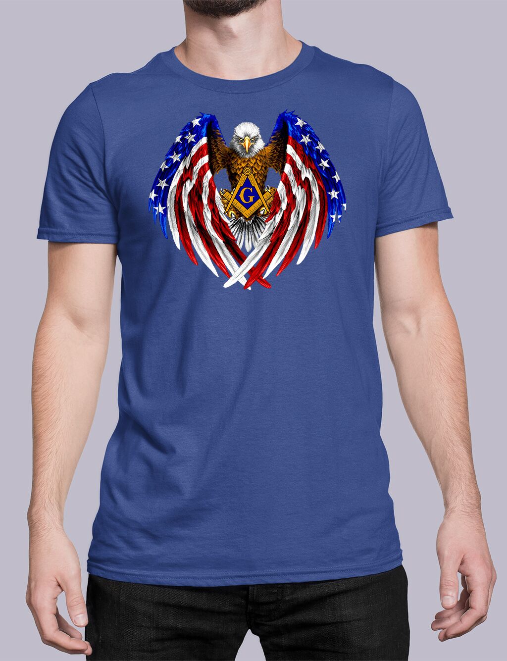 Patriotic Flag Eagle Wings Holding Square & Compass Masonic T-shirt - Image 2